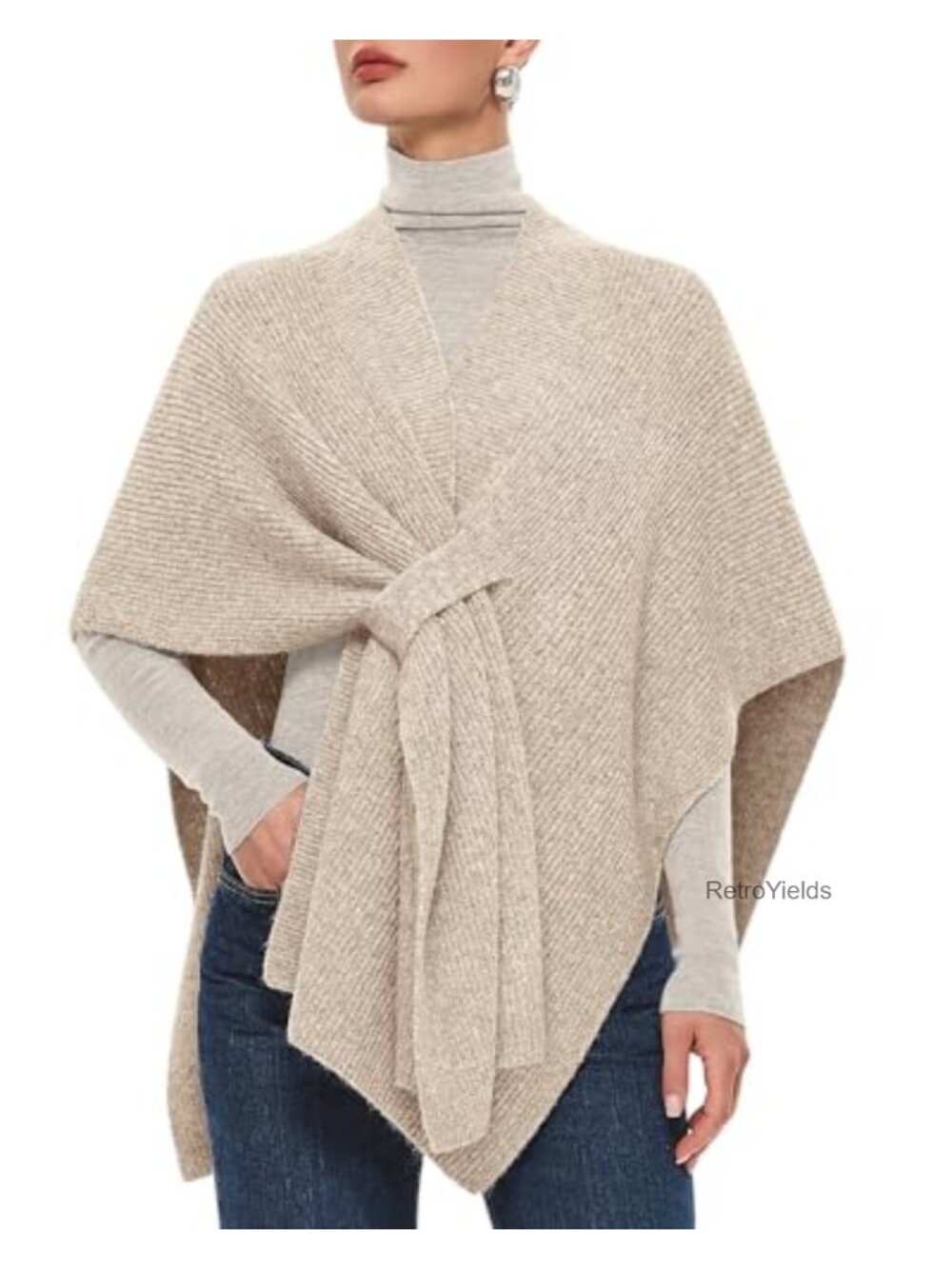 Chunky Knit Shawl Wrap Poncho Cape Pull-Through Closure One Size
